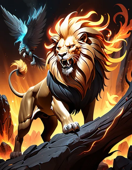 Prompt: A fierce lion with a bristled golden mane, its sharp teeth bared in a roar of defiance, stands on rugged rocky terrain. Opposite the lion, a magnificent phoenix with fiery, glowing feathers and wings outstretched perches on a twisted tree branch, its radiant form shimmering with embers. The background is a dramatic, chaotic scene of swirling flames and dark, thunderous storm clouds, with sparks flying and ash drifting through the air. The atmosphere is intense, filled with fiery hues and shadows, highlighting the primal strength of the lion and the celestial, ethereal power of the phoenix