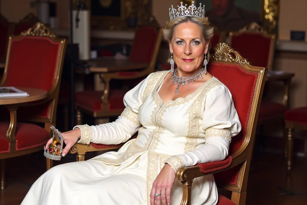 Prompt: a woman in a white dress sitting on a chair with a crown on her head and a crown on her hand, Cecil Beaton, renaissance, regal, a colorized photo