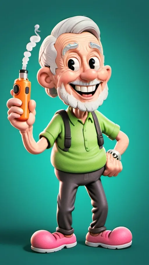 Prompt: Create a cartoon-style image of a cool elderly man holding a vape device (pod) and smiling. The theme of the image should be vibrant and cheerful, with the man wearing bright, happy clothing. At the top of the image, include the brand name 'amoo vape' in large, bold letters.