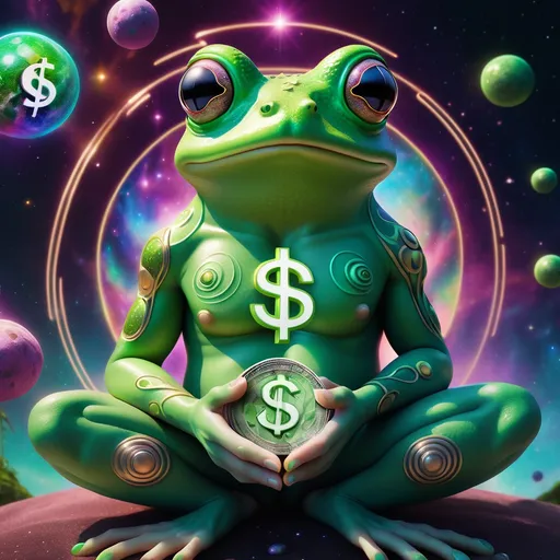 Prompt: A green mystical frog with a dollar symbol on the chest sitting on an open human hand with a psychedelic universe behind