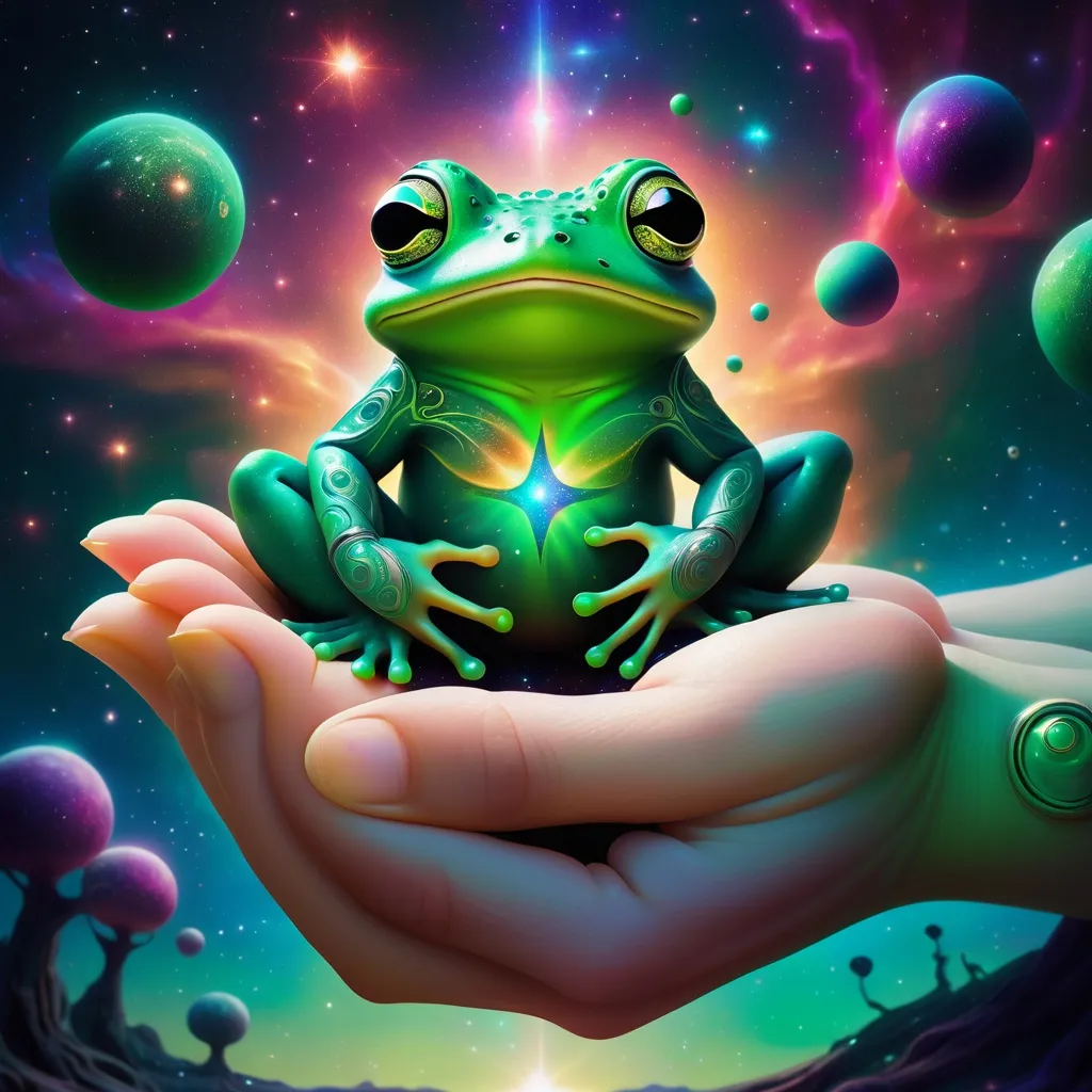 Prompt: A green mystical frog sitting on an open human hand with a psychedelic universe behind