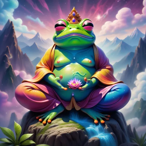 Prompt: Psychedelic frog with mystical glaze meditating like Buddha on a mountain peak