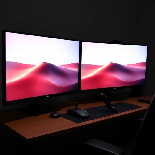 Prompt: There are three large monitors, a small joystick, and a small haptic master arm on the desk. Please zoom in on the monitors and don't show the person. 
