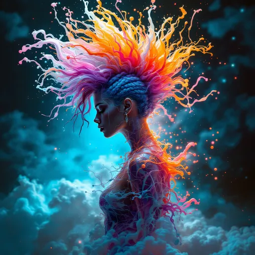 Prompt: The most beautiful woman to ever live, colorful braided mohawk, lusciously long hair exploding dynamically into mid-air, each strand morphing and intertwining with swirling, dripping liquid art and neon energy streams in orange, light blue, violet, and white, cascading, twisting, and flowing like a chaotic cosmic hurricane; hair, mohawk, and liquid art forming a mesmerizing storm of energy wrapping around her body; chaotic psychedelic cosmic background inspired by Rauschenberg, Saar, and Kiefer, layered textures, abstract patterns, and swirling nebula-like clouds; glowing highlights and refracted neon colors creating a hypnotic, surreal effect; ultra-detailed, cinematic composition, dripping motion, swirling liquid art, chaotic energy, vibrant cosmic brilliance, visually striking, popping, breathtaking, and otherworldly; fully immersive magical-cyber-fantasy chaos.