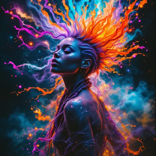 Prompt: The most beautiful woman to ever live, colorful braided mohawk, lusciously long hair exploding dynamically into mid-air, each strand morphing and intertwining with swirling, dripping liquid art and neon energy streams in orange, light blue, violet, and white, cascading, twisting, and flowing like a chaotic cosmic hurricane; hair, mohawk, and liquid art forming a mesmerizing storm of energy wrapping around her body; chaotic psychedelic cosmic background inspired by Rauschenberg, Saar, and Kiefer, layered textures, abstract patterns, and swirling nebula-like clouds; glowing highlights and refracted neon colors creating a hypnotic, surreal effect; ultra-detailed, cinematic composition, dripping motion, swirling liquid art, chaotic energy, vibrant cosmic brilliance, visually striking, popping, breathtaking, and otherworldly; fully immersive magical-cyber-fantasy chaos.