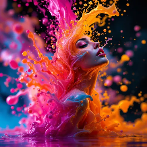 Prompt: A woman forms In a mesmerizing display of art, vibrant liquid forms and colliding objects dance gracefully against a water splatter bokeh background. This dynamic abstract photography encapsulates the fluidity and energy of movement, capturing a moment of magnificent chaos frozen in time. The colors blend harmoniously, creating a feast for the eyes. The composition is masterfully designed, evoking a sensation of movement and excitement. This high-quality image showcases creativity and talent, drawing viewers into a world of artistic expression and wonder