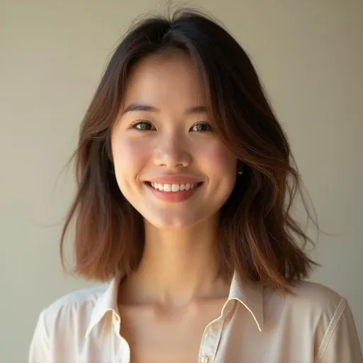 Prompt: (photorealistic) professional headshot, young woman, medium-length brown hair, wearing a light blouse, (warm, approachable smile), exuding confidence, soft neutral color background, well-lit, high detail, (inviting ambiance), warm tone, crisp focus on facial features, showcasing professionalism and warmth.