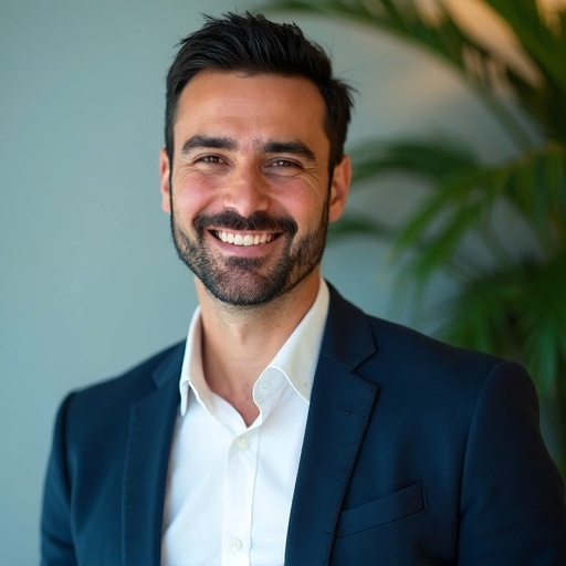 Prompt: (portrait of a middle-aged Argentine man), short dark hair, neatly trimmed beard, confident and approachable expression, wearing a crisp white shirt and navy blazer, (background with soft natural tones of blue and green), warm and inviting ambiance, high detail, ultra-detailed, HD, emphasizing personality through relaxed pose and friendly demeanor.