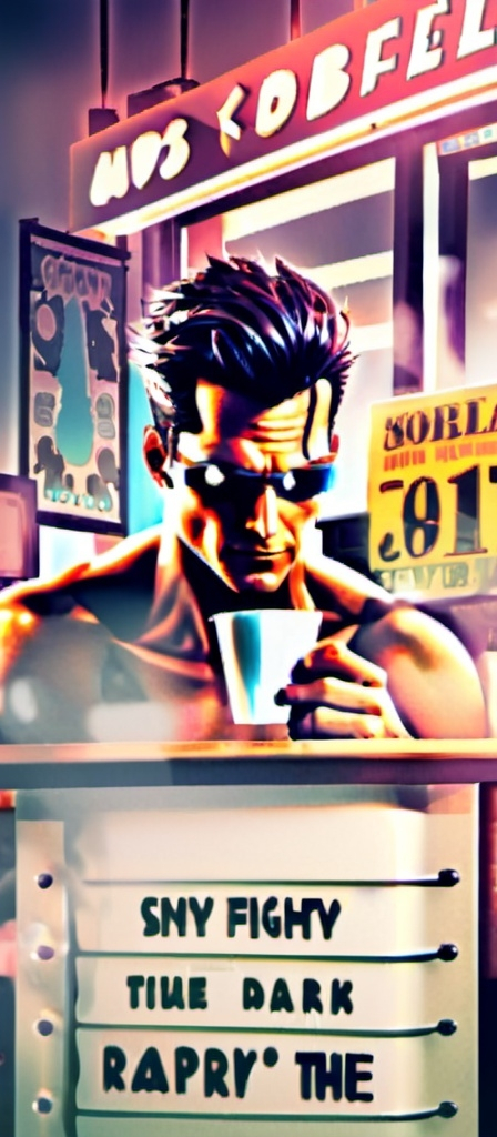 Prompt: Anime cyberpunk style, man in coffee shop, highly detailed, HD, dark background