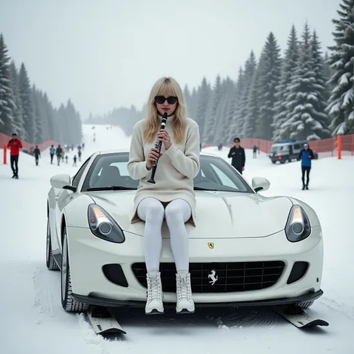 Prompt: @sOgZNUKmhQKEVR3C6PCK Une femme blonde au corps élancé et à la poitrine menue, vêtue d'une jupe blanche, d'un legging blanc, d'un sweater blanc, et chaussée de bottines blanches, jouant de la flûte, est assise sur le capot d'une Ferrari de formule 1 blanche chaussée de skis, sur une piste de ski enneigée. Vibrant color scheme, intricate steampunk elements, white lighting, captivating ambiance, ultra-detailed, high quality, fashion, artistic flair. Style photographique. Full length three-quarter view.