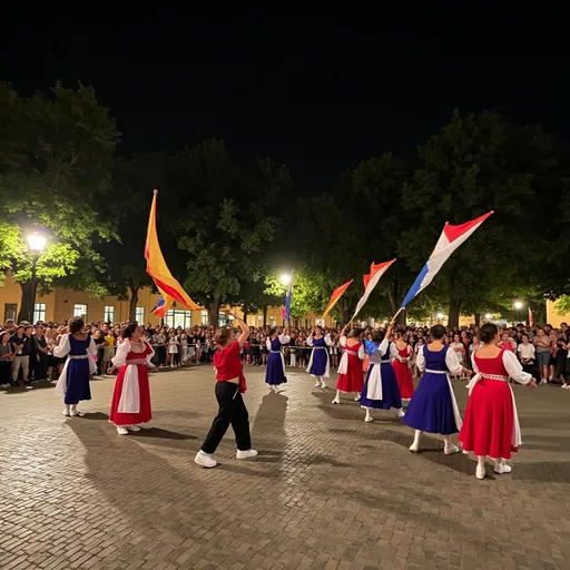 Prompt: The image shows a group of people performing a dance in a square at night. The square is made of cobblestones and is surrounded by trees and buildings. In the background, there is a crowd of people watching the performance. The dancers are wearing traditional costumes and are holding colorful flags in their hands. The flags are in the shape of kites and are flying in the air. The sky is dark and the overall atmosphere is festive and lively.
