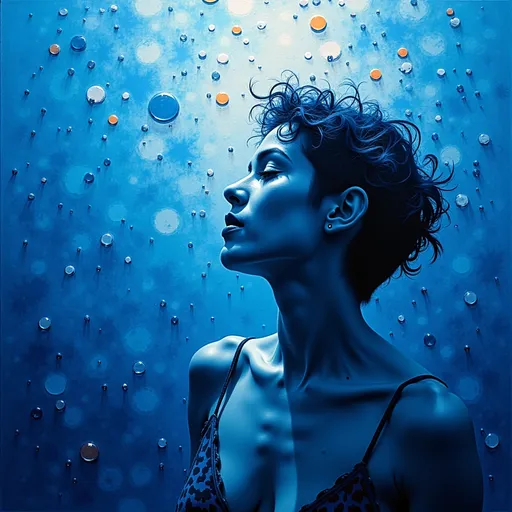 Prompt: @sOgZNUKmhQKEVR3C6PCK Des touches de bleu vibrant dominent la toile, capturées dans un jeu de nuances dynamiques évoquant la représentation abstraite d'une scène cosmique ou sous-marine. Des formes humaines se détachent nettement sur les bleus profonds, avec des lignes erratiques et fluides qui évoquent mouvement et énergie, tandis que des teintes plus chaudes d'orange et de jaune transparaissent, apportant chaleur et contraste. La texture est audacieuse et expressive, les couches de peinture suggérant profondeur et complexité, se fondant harmonieusement par endroits et éclatant de manière chaotique par ailleurs. Cette œuvre transmet une impression de spontanéité et de créativité, invitant le spectateur à explorer les relations complexes entre couleur, forme et émotion dans un paysage imaginaire.
