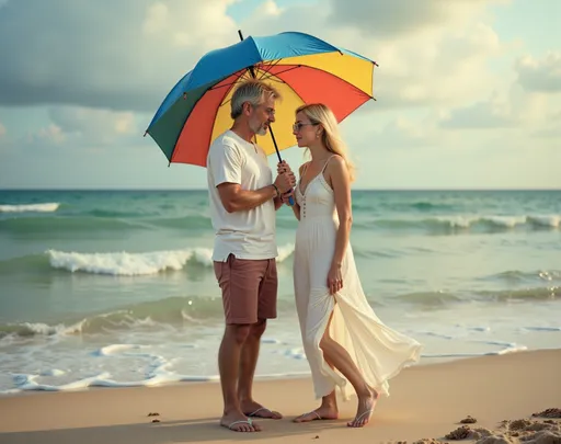 Prompt: @f5RBL1SWUqhDS8kasmWA Sous un parasol multicolore, un couple se tient près l'un de l'autre sur une plage formée de galets, leurs fronts se touchant presque, dans un moment d'intimité. L'homme, un vieillard, aux cheveux gris, au T-shirt décontracté, au short marron et chaussé de tongs marrons, tient le parasol d'une main tandis que de l'autre, il tient délicatement la taille de la femme, blonde, au buste de petite taille. Elle porte une robe blanche éclatante et est chaussée de tongs blanches, ses cheveux flottant en douces ondulations tandis qu'elle le regarde avec tendresse. En arrière-plan, la mer agitée et verdatre,et le scintillement du sable évoquent une fin d'après-midi, avec une lumière vibrante qui renforce l'ambiance romantique. Cette scène capture un instant fugace d'amour et de complicité au milieu d'une journée ensoleillée, évoquant une sensation de chaleur et d'intimité. Full length three-quarter view. Vue complète de trois quart en pied.