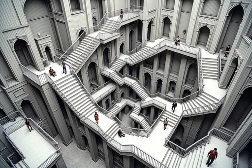Prompt: A complex, surreal scene unfolds within a labyrinth of staircases and platforms, where gravity seems to bend and twist. Figures are positioned throughout the space; some appear to traverse the stairs with determination, while others sit contemplatively, seemingly oblivious to the impossible architecture surrounding them. Shadows create a stark contrast against the detailed line work, enhancing the illusionary quality of depth and movement in this monochromatic artwork. The environment is primarily composed of interlocking geometric shapes, leading the viewer's eye through a dizzying exploration of perspective and dimension. This intricate composition evokes a sense of wonder and curiosity, inviting contemplation of reality and perception within a world that defies logic. @ECqXdOynvIMPB2kSaZxH 