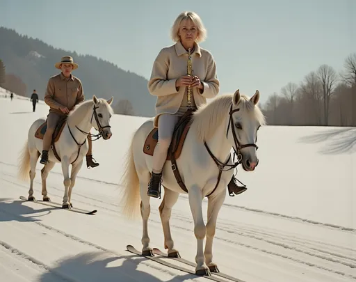 Prompt: @v72c2Penucf70pkPY5GZ Une jeune femme blonde au corps élancé et à la poitrine menu, vêtue d'une jupe blanche, d'un legging blanc, d'un sweater blanc, et chaussée de bottines blanches, jouant de la flûte, chevauche un cheval blanc chaussé de skis, sur une piste de ski enneigée. Vibrant color scheme, intricate steampunk elements, soft lighting, captivating ambiance, ultra-detailed, high quality, fashion, artistic flair. Style photographique. Full length three-quarter view.