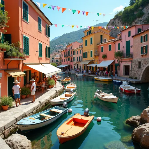 Prompt: Nestled among the colorful buildings of a coastal village, the scene captures a vibrant harbor bustling with activity. A mix of small boats, painted in shades of blue, orange, and green, bob gently on the clear water as people in casual attire maneuver them, some preparing to set off while others casually chat along the dock. Above, strings of colorful triangular flags flutter in the breeze, adding a festive touch to the picturesque setting dominated by pastel-hued facades adorned with green shutters and balconies spilling over with plants. The rocky shoreline, lined with smooth stones, is contrasted by the warm, inviting sunlight that enhances the lively atmosphere, hinting at a community thriving amid scenic beauty and maritime tradition.