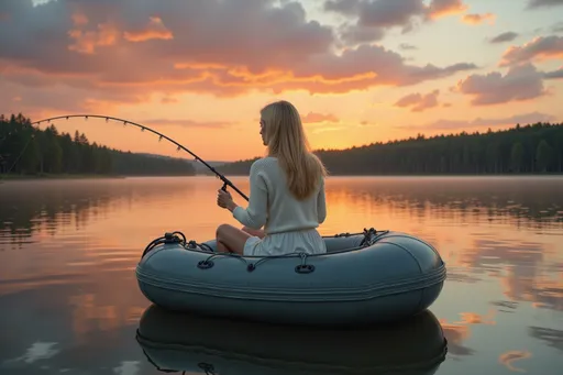 Prompt: @f5RBL1SWUqhDS8kasmWA Alors que le soleil disparaît à l'horizon, projetant une lueur dorée sur l'eau paisible, une femme blonde se tient dans un petit canot pneumatique, absorbée. Vêtue d'un sweater blanc, d'une jupe blanche et de bottes blanches, elle serre une canne à pêche avec détermination, se découpant sur le ciel vibrant strié de nuances d'orange, de rose et de bleu profond. La surface du lac reflète ces couleurs époustouflantes, tandis que de douces ondulations laissent entrevoir la brise du soir. Au loin, une rangée d'arbres vert foncé brise le paysage plat, complétant ce tableau serein de solitude et de connexion avec la nature, évoquant une atmosphère paisible de loisirs et d'anticipation. Full length three-quarter view.