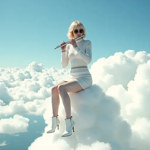 Prompt: @sOgZNUKmhQKEVR3C6PCK A blonde woman with a slender body and small bust size, wearing a white skirt, white leggings, a white sweater, and white ankle boots, playing the flute, sits on a white cloud in the azure sky. Vibrant color scheme, intricate steampunk elements, white lighting, captivating ambiance, ultra-detailed, high quality, fashionable, artistic flair. Photographic style. Full-length three-quarter view.
