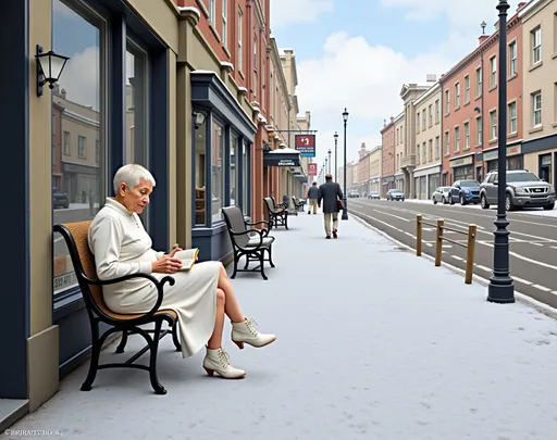 Prompt: @mJgfsLZ3eUiAmEJ68fQs (beautiful young blonde woman) with (short hair, makeup) wearing (white dress, white blouse, white stylish bootss) sitting on a bench located along a shop on the sidewalk of a narrow street. The young woman is reading a book that she is holding in her hands. The street is snowy. The sky is dotted with whitish clouds. White winter light. Full three-quarter view.