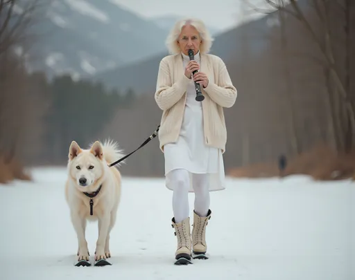 Prompt: @W91Z7CY5a1u8xXDPACLX Une jeune femme blonde au corps élancé et à la poitrine menu, vêtue d'une jupe blanche, d'un legging blanc, d'un sweater blanc, et chaussée de bottines blanches et de skis, jouant de la flûte, marche sur une piste de ski. La jeune femme blonde est accompagnée par un chien blanc chaussé de skis, sur la piste de ski enneigée. Vibrant color scheme, intricate steampunk elements, soft lighting, captivating ambiance, ultra-detailed, high quality, fashion, artistic flair. Style photographique. Full length three-quarter view.