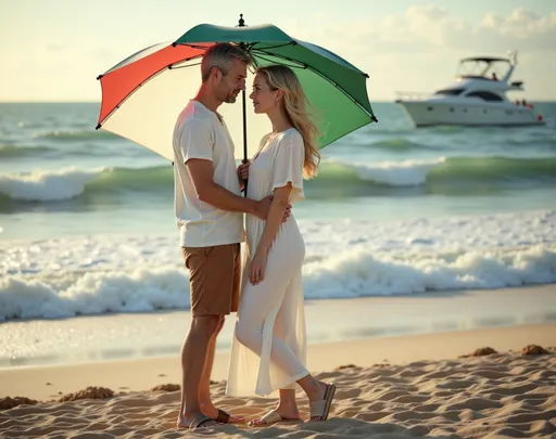 Prompt: @f5RBL1SWUqhDS8kasmWA Sous un parapluie vert, blanc et rouge, un couple se tient près l'un de l'autre sur une plage formée de galets, leurs fronts se touchant presque, dans un moment d'intimité. L'homme, un vieillard, aux cheveux gris, au T-shirt décontracté, au short marron et chaussé d'espadrilles marrons, tient le parapluie d'une main tandis que de l'autre, il tient délicatement la taille de la femme, blonde, au buste de petite taille. Elle porte une robe blanche éclatante et est chaussée d'espadrilles blanches, ses cheveux flottant en douces ondulations tandis qu'elle le regarde avec tendresse. En arrière-plan, la mer agitée et verdatre, un yacht blanc navigant au loin et le scintillement des galets évoquent une fin d'après-midi, avec une lumière douce qui renforce l'ambiance romantique. Cette scène capture un instant fugace d'amour et de complicité au milieu d'une fin de journée ensoleillée, évoquant une sensation de chaleur et d'intimité. Full length three-quarter view. Vue complète de trois quart en pied.