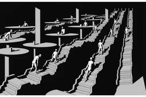 Prompt: @geQz6CN7apb7Ry2TXir0 Une scène complexe et surréaliste se déroule dans un labyrinthe d'escaliers et de plateformes, où la gravité semble se courber et se tordre. Des personnages statufiés sont disposés dans l'espace ; certains semblent franchir les escaliers avec détermination, tandis que d'autres sont assis, contemplatifs, semblant inconscients de l'architecture impossible qui les entoure. Les ombres contrastent fortement avec le travail des lignes, accentuant l'illusion de profondeur et de mouvement de cette œuvre aux couleurs vives. L'environnement est principalement composé de formes géométriques imbriquées, entraînant le regard du spectateur dans une exploration vertigineuse de la perspective et des dimensions. Cette composition complexe évoque l'émerveillement et la curiosité, invitant à la contemplation de la réalité et de la perception dans un monde défiant toute logique.