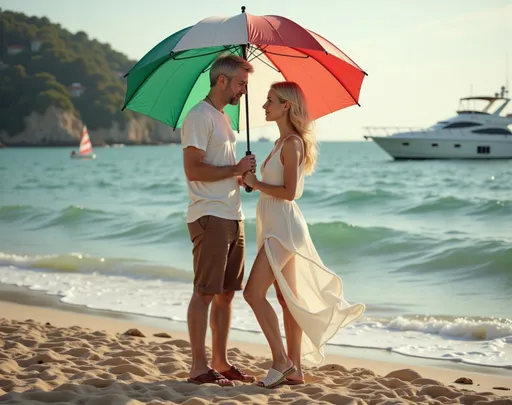 Prompt: @f5RBL1SWUqhDS8kasmWA Sous un parapluie vert, blanc et rouge, un couple se tient près l'un de l'autre sur une plage formée de galets, leurs fronts se touchant presque, dans un moment d'intimité. L'homme, un vieillard, aux cheveux gris, au T-shirt décontracté, au short marron et chaussé d'espadrilles marrons, tient le parapluie d'une main tandis que de l'autre, il tient délicatement la taille de la femme, blonde, au buste de petite taille. Elle porte une robe blanche éclatante et est chaussée d'espadrilles blanches, ses cheveux flottant en douces ondulations tandis qu'elle le regarde avec tendresse. En arrière-plan, la mer agitée et verdatre, un yacht blanc navigant au loin et le scintillement des galets évoquent une fin d'après-midi, avec une lumière douce qui renforce l'ambiance romantique. Cette scène capture un instant fugace d'amour et de complicité au milieu d'une fin de journée ensoleillée, évoquant une sensation de chaleur et d'intimité. Full length three-quarter view. Vue complète de trois quart en pied.