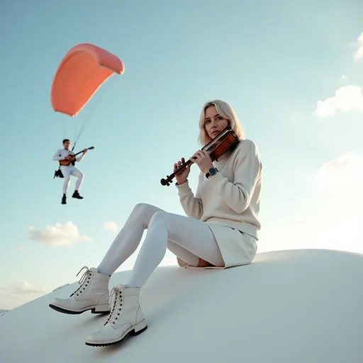 Prompt: @sOgZNUKmhQKEVR3C6PCK Une femme blonde au corps élancé et à la poitrine menue, vêtue d'une jupe blanche, d'un legging blanc, d'un sweater blanc, et chaussée de bottines blanches, jouant de la flûte, est assise sur nuage blanc dans le ciel azur. Un parachutiste vêtu de blanc et jouant du violon passe tout près de la femme blonde. Vibrant color scheme, intricate steampunk elements, white lighting, captivating ambiance, ultra-detailed, high quality, fashion, artistic flair. Style photographique. Full length three-quarter view.