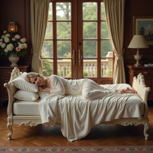 Prompt: @f5RBL1SWUqhDS8kasmWA An 18-year-old blonde woman with shoulder-length hair and a small chest lies gracefully on a vintage white bed in a luxurious, sun-drenched bedroom with elegant dark wood paneling and classic furnishings. She wears a long, relaxed white nightgown. Her face displays a calm and serene expression. Her arms are crossed on the bed.
Sunlight filters through large glass doors, casting soft shadows on the polished parquet floor and Persian rug. A vase of flowers, a framed painting, and warm ambient lighting complete the refined and peaceful atmosphere. Cinematic lighting, striking realism, warm interior, 4K detail. Three-quarter view, full-length.