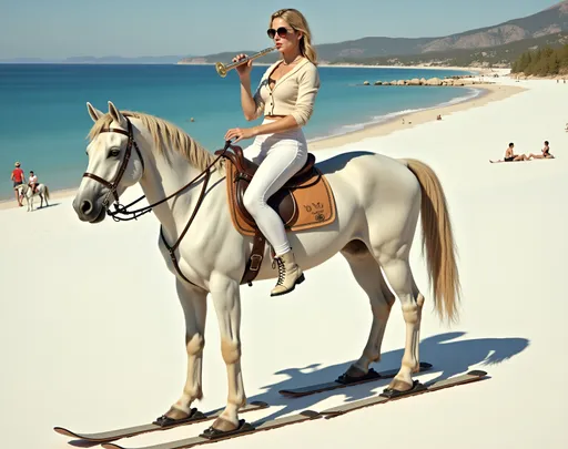 Prompt: @uNegVegG243hzJwN9feO Une jeune femme blonde au corps élancé et à la poitrine menu, vêtue d'une jupe blanche, d'un legging blanc, d'un sweater blanc, et chaussée de bottines blanches, jouant de la flûte, chevauche un cheval blanc chaussé de skis, sur une piste de ski enneigée. Vibrant color scheme, intricate steampunk elements, soft lighting, captivating ambiance, ultra-detailed, high quality, fashion, artistic flair. Style photographique. Full length three-quarter view.