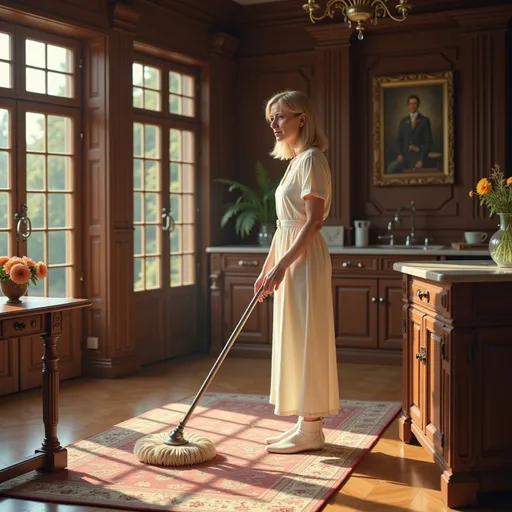 Prompt: @f5RBL1SWUqhDS8kasmWA An 18-year-old blonde woman with shoulder-length hair and a small chest is busy mopping the floor in a luxurious, sun-drenched kitchen with elegant dark wood paneling and classic furnishings. She wears a long, casual white nightgown and white ankle boots. Her face displays a calm and serene expression.
Sunlight filters through large glass doors, casting soft shadows on the polished parquet floor and Persian rug. A vase of flowers, a framed painting, and warm ambient lighting complete the refined and peaceful atmosphere. Cinematic lighting, striking realism, warm interior, 4K detail. Three-quarter view, full-length.