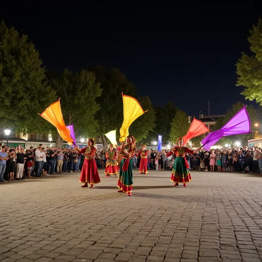 Prompt: The image shows a group of people performing a dance in a square at night. The square is made of cobblestones and is surrounded by trees and buildings. In the background, there is a crowd of people watching the performance. The dancers are wearing traditional costumes and are holding colorful flags in their hands. The flags are in the shape of kites and are flying in the air. The sky is dark and the overall atmosphere is festive and lively.