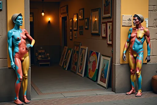 Prompt: @mJgfsLZ3eUiAmEJ68fQs Des couleurs vives éclaboussent les oeuvres d'art posées contre les murs d'un local rustique, où une femme mannequin grandeur nature, au corps élancé et à la poitrine menue, se tient debout. Son corps est peint de volutes complexes de bleu, rouge, jaune et vert. Son visage affiche une expression saisissante. Elle est coiffée d'un chapeau, et elle attire l'attention aux côtés d'une collection d'œuvres d'art abstraites, aux couleurs éclatantes, peintes sur les murs du local. La scène est éclairée par une douce lumière naturelle, créant une atmosphère lumineuse et intime. La composition d'ensemble allie art urbain et esprit ludique, invitant le spectateur à explorer l'esprit créatif de ce lieu animé.
