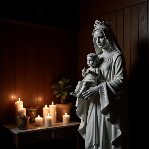 Prompt: @sOgZNUKmhQKEVR3C6PCK In a dimly lit interior, a religious statue of the Madonna del Carmine dominates the scene, gracefully seated and adorned in an elaborate white gown with intricate lace details, accompanied by a small figure resembling a child held in her arm. The statue's serene expression, framed by a delicate crown and veil, evokes a sense of tranquility and reverence. Surrounding her, an altar displays a collection of candles, some flickering warmly, alongside offerings and a small plant that adds a touch of life to the composition. Soft light casts gentle shadows across the wooden walls, enhancing the sacred atmosphere of this intimate space, while the overall color palette remains muted and respectful, highlighting the statue's elegance and the solemnity of the setting. The altar signifies a moment of devotion, inviting reflection and connection for those who visit.