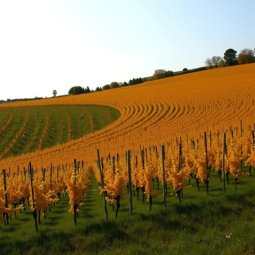 Prompt: @geQz6CN7apb7Ry2TXir0 Légèrement porté par la brise, un filet orange vif s'étend sur un vignoble, créant un contraste saisissant avec le vert verdoyant des vignes qui poussent en rangs. Le décor se déploie sur un ciel nuageux qui évoque la fraîcheur du début de l'automne et projette une douce lumière sur le paysage. Des poteaux en bois structurent le filet, qui sert probablement à protéger les raisins des oiseaux et autres nuisibles, ajoutant une touche de caractère au charme rustique du vignoble. La composition attire le regard le long des lignes ondulantes du filet et des vignes, évoquant les vendanges et le soin apporté à la viticulture. L'ambiance générale reflète un mélange harmonieux de nature et de culture, célébrant à la fois la beauté et le côté pratique de la vie agricole.