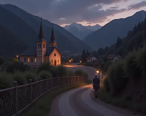 Prompt: Beneath a twilight sky, a serene landscape unfolds, featuring a quaint church with prominent twin towers nestled amidst rolling, shadowed mountains. The warm glow from the church and nearby structures contrasts beautifully against the deep blues and purples of the twilight, suggesting an evening setting. In the foreground, a winding path leads toward a decorative stone fence, flanked by lush vegetation that evokes a sense of tranquility and nostalgia. The overall composition blends soft brushstrokes with a rich palette, creating a dreamlike atmosphere that invites contemplation and a sense of peace. The scene conveys a timeless charm, celebrating the beauty of nature and architecture under the dimming light. @v72c2Penucf70pkPY5GZ 