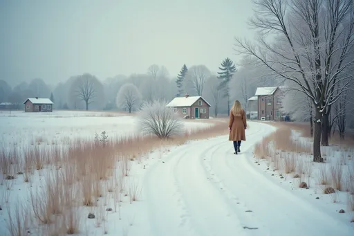 Prompt: Blanketed in a soft layer of snow, a winding path cuts through a serene winter landscape, flanked by trees laden with frost and two distant figures strolling along the pathway. The muted palette of whites and pale blues evokes a sense of tranquility, while hints of earthy tones in the foreground add depth to the scene. In the background, modest buildings emerge through the haze, their soft outlines blending into the snowy backdrop. The overall composition radiates a gentle chill, capturing the quiet beauty of a winter’s day, as if time has paused to appreciate the stillness of nature. @ECqXdOynvIMPB2kSaZxH 
