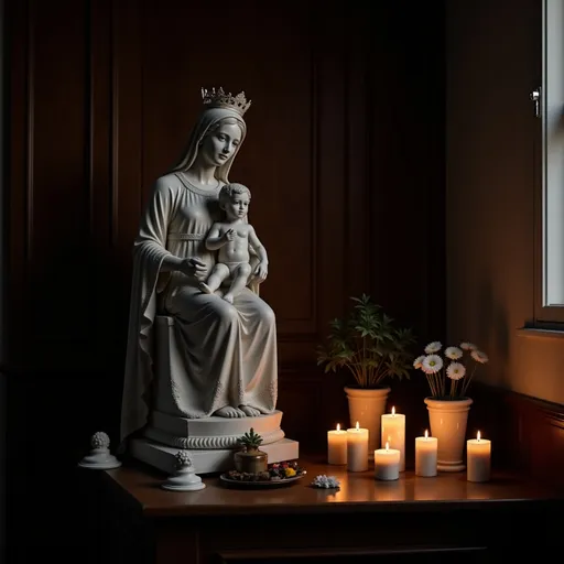 Prompt: @sOgZNUKmhQKEVR3C6PCK In a dimly lit interior, a religious statue of the Madonna del Carmine dominates the scene, gracefully seated and adorned in an elaborate white gown with intricate lace details, accompanied by a small figure resembling a child held in her arm. The statue's serene expression, framed by a delicate crown and veil, evokes a sense of tranquility and reverence. Surrounding her, an altar displays a collection of candles, some flickering warmly, alongside offerings and a small plant that adds a touch of life to the composition. Soft light casts gentle shadows across the wooden walls, enhancing the sacred atmosphere of this intimate space, while the overall color palette remains muted and respectful, highlighting the statue's elegance and the solemnity of the setting. The altar signifies a moment of devotion, inviting reflection and connection for those who visit.