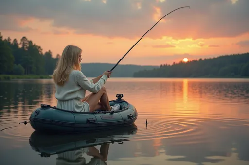Prompt: @f5RBL1SWUqhDS8kasmWA Alors que le soleil disparaît à l'horizon, projetant une lueur dorée sur l'eau paisible, une femme blonde se tient dans un petit canot pneumatique, absorbée. Vêtue d'un sweater blanc, d'une jupe blanche et de bottes blanches, elle serre une canne à pêche avec détermination, se découpant sur le ciel vibrant strié de nuances d'orange, de rose et de bleu profond. La surface du lac reflète ces couleurs époustouflantes, tandis que de douces ondulations laissent entrevoir la brise du soir. Au loin, une rangée d'arbres vert foncé brise le paysage plat, complétant ce tableau serein de solitude et de connexion avec la nature, évoquant une atmosphère paisible de loisirs et d'anticipation. Full length three-quarter view.