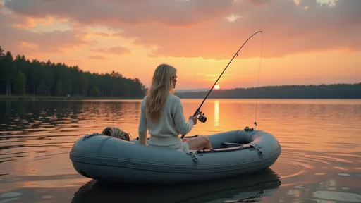 Prompt: @f5RBL1SWUqhDS8kasmWA Alors que le soleil disparaît à l'horizon, projetant une lueur dorée sur l'eau paisible, une femme blonde se tient dans un petit canot pneumatique, absorbée. Vêtue d'un sweater blanc, d'une jupe blanche et de bottes blanches, elle serre une canne à pêche avec détermination, se découpant sur le ciel vibrant strié de nuances d'orange, de rose et de bleu profond. La surface du lac reflète ces couleurs époustouflantes, tandis que de douces ondulations laissent entrevoir la brise du soir. Au loin, une rangée d'arbres vert foncé brise le paysage plat, complétant ce tableau serein de solitude et de connexion avec la nature, évoquant une atmosphère paisible de loisirs et d'anticipation. Full length three-quarter view.
