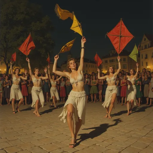Prompt: @kRIuZxz3rxOpKjTXwmny The image shows a group of people performing a dance in a square at night. The square is made of cobblestones and is surrounded by trees and buildings. In the background, there is a crowd of people watching the performance. The dancers are wearing traditional costumes and are holding colorful flags in their hands. The flags are in the shape of kites and are flying in the air. The sky is dark and the overall atmosphere is festive and lively.