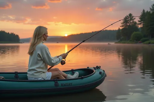 Prompt: @f5RBL1SWUqhDS8kasmWA Alors que le soleil disparaît à l'horizon, projetant une lueur dorée sur l'eau paisible, une femme blonde se tient dans un petit canot pneumatique, absorbée. Vêtue d'un sweater blanc, d'une jupe blanche et de bottes blanches, elle serre une canne à pêche avec détermination, se découpant sur le ciel vibrant strié de nuances d'orange, de rose et de bleu profond. La surface du lac reflète ces couleurs époustouflantes, tandis que de douces ondulations laissent entrevoir la brise du soir. Au loin, une rangée d'arbres vert foncé brise le paysage plat, complétant ce tableau serein de solitude et de connexion avec la nature, évoquant une atmosphère paisible de loisirs et d'anticipation. Full length three-quarter view.