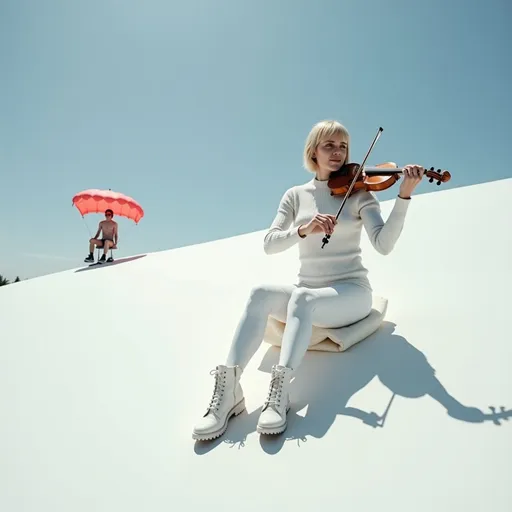 Prompt: @sOgZNUKmhQKEVR3C6PCK Une femme blonde au corps élancé et à la poitrine menue, vêtue d'une jupe blanche, d'un legging blanc, d'un sweater blanc, et chaussée de bottines blanches, jouant de la flûte, est assise sur nuage blanc dans le ciel azur. Un parachutiste vêtu de blanc et jouant du violon passe tout près de la femme blonde. Vibrant color scheme, intricate steampunk elements, white lighting, captivating ambiance, ultra-detailed, high quality, fashion, artistic flair. Style photographique. Full length three-quarter view.