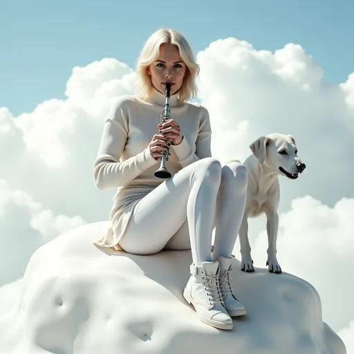 Prompt: @sOgZNUKmhQKEVR3C6PCK Une femme blonde au corps élancé et à la poitrine menue, vêtue d'une jupe blanche, d'un legging blanc, d'un sweater blanc, et chaussée de bottines blanches, jouant de la flûte, est assise sur nuage blanc dans le ciel azur.
Une mongolfière de couleur blanche passe tout près de la femme blonde.
Vibrant color scheme, intricate steampunk elements, white lighting, captivating ambiance, ultra-detailed, high quality, fashion, artistic flair. Style photographique. Full length three-quarter view.