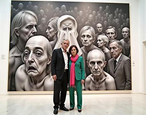 Prompt: Standing in front of a monumental mural that features a chaotic arrangement of abstract forms and figures, a man and a woman pose for a photograph in a well-lit indoor gallery. The artwork, characterized by its black and white palette, showcases distorted faces and anguished expressions, conveying deep emotional turmoil and conflict, reminiscent of Picasso's stylistic approach. The environment is minimalistic, with white walls and a polished marble floor that enhances the dramatic impact of the artwork. The couple appears relaxed, with the man in a formal black suit and the woman in a stylish green outfit paired with a vibrant pink scarf, contrasting against the starkness of the mural behind them. The atmosphere suggests a blend of admiration and contemplation, inviting viewers to reflect on the poignant themes encapsulated in the piece. @v72c2Penucf70pkPY5GZ 