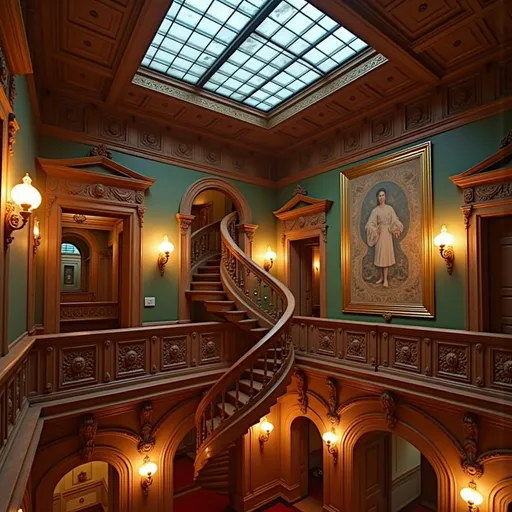 Prompt: @v72c2Penucf70pkPY5GZ This photograph captures the ornate interior of an opulent, historic building, likely a grand hall or a palace. The image showcases a two-story structure with intricate wooden carvings and elaborate architectural details. The upper level features a spiral wooden staircase with ornate carvings, located centrally against a green-painted wall. The staircase is flanked by wooden balustrades adorned with intricate patterns. To the right of the staircase, a large, framed tapestry with detailed artwork hangs on the wall.The lower level is visible through arched doorways, revealing a red carpeted floor and additional wooden carvings. Warm, yellow lighting from wall-mounted sconces illuminates the space, casting a golden glow. The ceiling has a blue-tinted glass skylight, allowing natural light to filter in. Wooden panels with decorative carvings surround the walls, and there are several arched doorways and windows that add to the grandeur.The overall style is Baroque, characterized by its elaborate and ornate decoration. The textures of the wood are rich and polished, and the green walls provide a contrasting background that highlights the wooden carvings. The photograph captures the grandeur and historical richness of the space, emphasizing the detailed craftsmanship and opulent design.