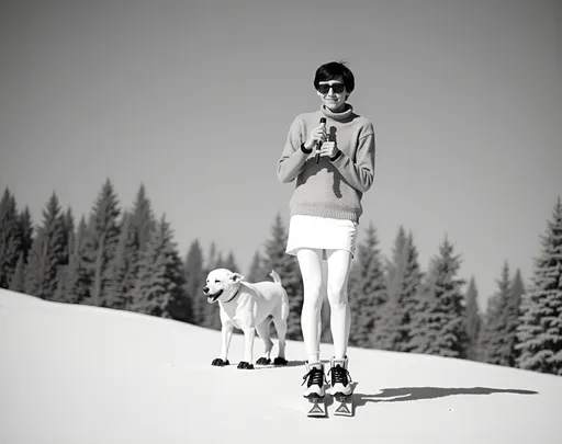 Prompt: @geQz6CN7apb7Ry2TXir0 Une jeune femme blonde au corps élancé et à la poitrine menu, vêtue d'une jupe blanche, d'un legging blanc, d'un sweater blanc, et chaussée de bottines blanches et de skis, jouant de la flûte, marche sur une piste de ski. La jeune femme blonde est accompagnée par un chien blanc chaussé de skis, sur la piste de ski enneigée. Vibrant color scheme, intricate steampunk elements, soft lighting, captivating ambiance, ultra-detailed, high quality, fashion, artistic flair. Style photographique. Full length three-quarter view.