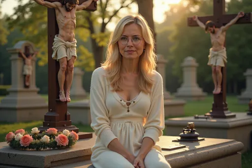Prompt: @f5RBL1SWUqhDS8kasmWA Une jeune femme blonde de 18 ans, aux cheveux mi-longs et à la poitrine menue, est agenouillée sur une pierre tombale , devant une Crucifixion de Jésus, dans un cimetière baigné de lumière. Elle porte une longue robe blanche décontractée et des bottines blanches. Son visage affiche une expression calme et sereine. La croix sur laquelle est crucifié Jésus est posée sur la pierre tombale. Les clous noirs plantés dans les mains et dans les pieds de Jésus sont sanguinolents. La lumière du soleil projette des ombres douces sur la pierre tombale. Une couronne de fleurs posée sur la pierre tombale et la douce lumière du soleil complètent l'atmosphère raffinée et paisible. Style cinématographique, réalisme saisissant, couleurs chaleureuses, détails 4K. Full length three-quarter view.