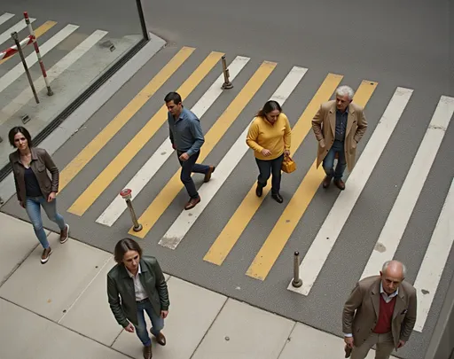 Prompt: @v72c2Penucf70pkPY5GZ This photograph captures an overhead, slightly angled view of a city street intersection with a glass surface reflecting the scene below. The glass has a grid-like pattern of metallic lines intersecting diagonally, adding a geometric element to the image. The reflection shows a crosswalk with yellow and white stripes on a gray asphalt road. 
In the reflection, several pedestrians are walking across the crosswalk. A man in a long, light brown trench coat and dark pants is on the right side, slightly ahead of the others. To his left, a person in a yellow jacket holds a yellow bag and walks beside another individual in a blue jacket. Below them, a group of three people is closer to the bottom of the frame: one in a green jacket, another in dark clothing, and a third person in a brown jacket. 
The street is bordered by a sidewalk with light gray tiles. In the top left corner of the photograph, a red and white striped barricade is partially visible. The sunlight casts shadows of the pedestrians and the barricade onto the glass, enhancing the reflection's depth and realism. The overall color palette includes neutral tones of gray and brown, contrasted by the yellow jacket and bag, and the vibrant green jacket.
