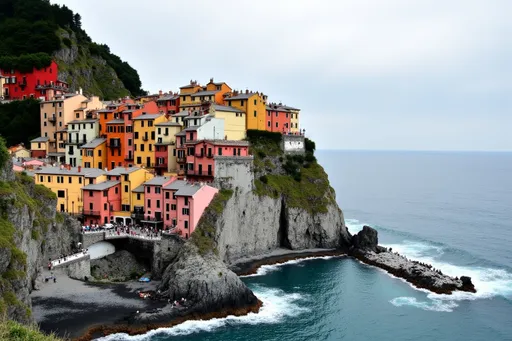 Prompt: Perchés de façon spectaculaire sur un éperon rocheux, les bâtiments colorés d'un village côtier s'étendent vers les vagues tumultueuses de la mer en contrebas, leurs teintes pastel de rose, d'orange et de jaune contrastant avec le paysage accidenté. Une haute tour de pierre se dresse comme une sentinelle au sommet de la falaise, tandis qu'une végétation luxuriante tapisse les collines environnantes, créant un décor vibrant. Le paysage évoque un sentiment d'isolement et de tranquillité, tandis que les eaux tumultueuses se déversent contre les falaises, laissant entrevoir la puissance de la nature. Sous un ciel généralement couvert, les couleurs douces sont sublimées par une lumière douce et diffuse, conférant à l'ensemble une atmosphère sereine et enchanteresse. Ce panorama pittoresque capture l'essence même d'un village de pêcheurs pittoresque, évoquant des histoires de résilience et de beauté au cœur d'un environnement côtier hostile. @geQz6CN7apb7Ry2TXir0 